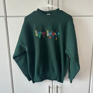 Vintage Pro Player Happy Holidays Sweatshirt Green Embroidered Crewneck‎ Medium